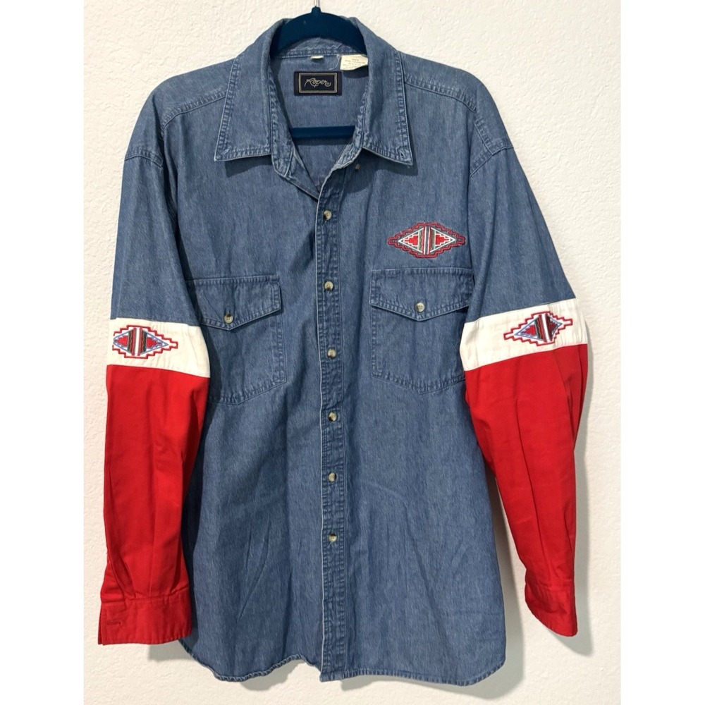 Vintage Roper Men's Western Shirt- Aztec Embroidered Design-Denim-XL